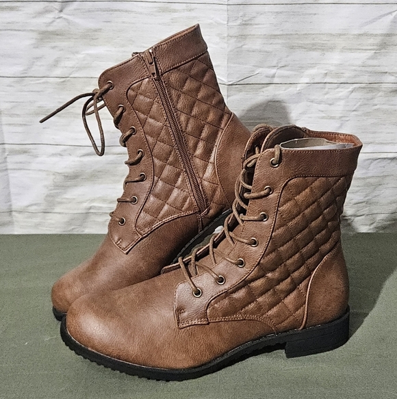 Shoes - Womens Military Brown Combat Boot With Quilted Top